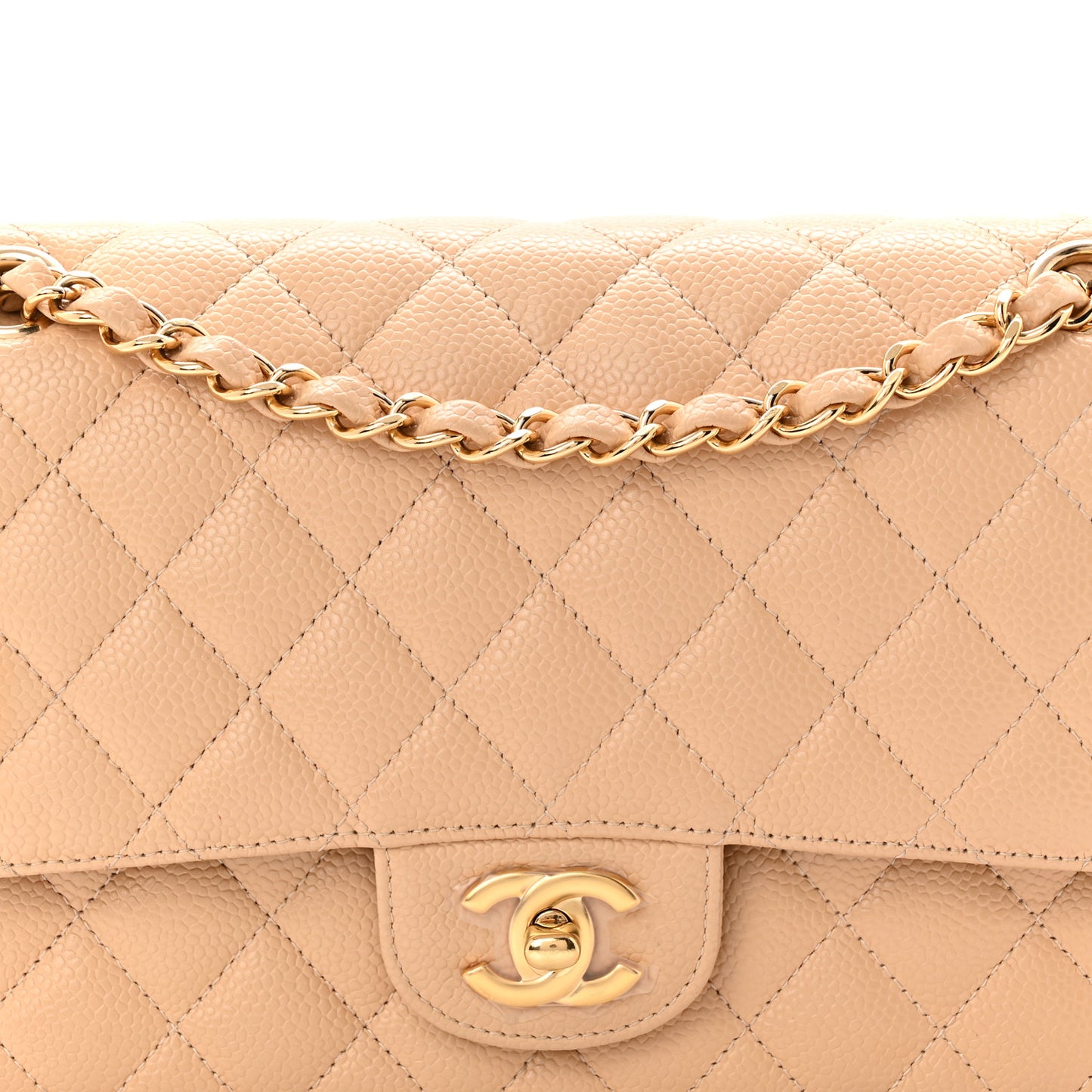 Caviar Quilted Medium Double Flap Beige