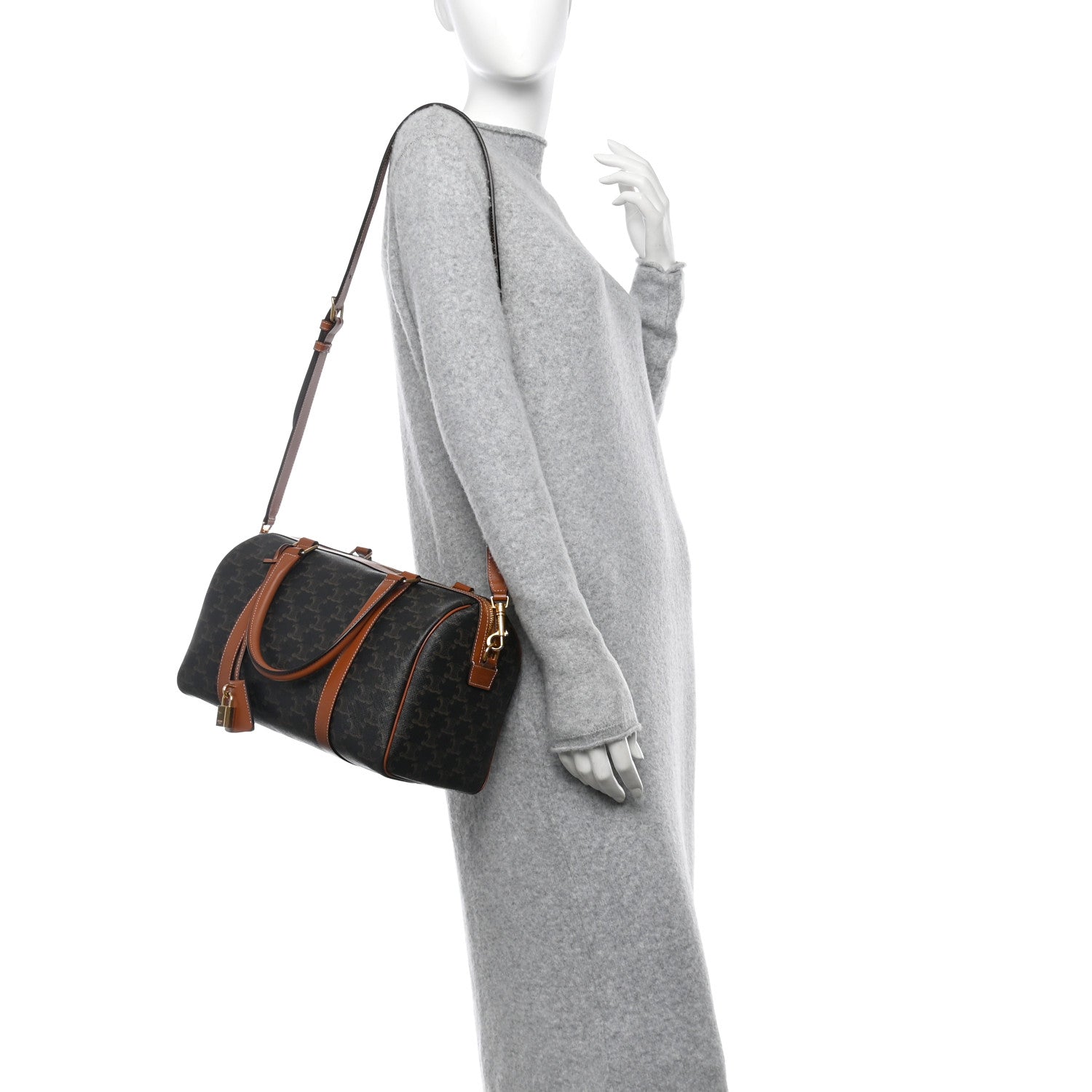 Celine Triomphe Canvas Calfskin Boston Bag Tan 2 of 11