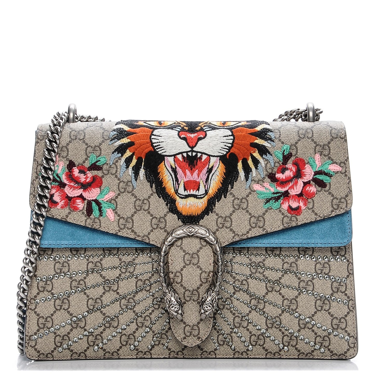 GG Supreme Monogram Angry Cat Embroidered Medium Dionysus Shoulder Bag Beige Ultramarine