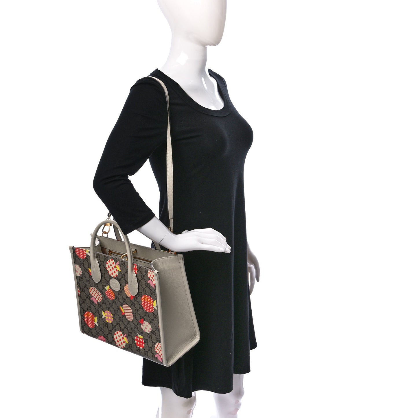 GG Supreme Monogram Textured Calfskin Les Pommes Small Retro Interlocking G Tote Bag Beige Multicolor Mystic White
