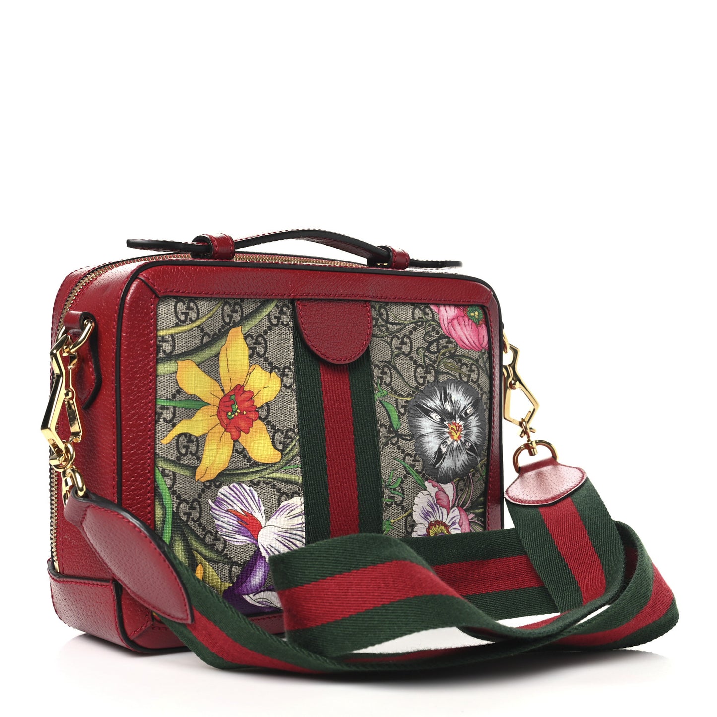 GG Supreme Monogram Flora Web Small Ophidia Top Handle Shoulder Bag Hibiscus Red