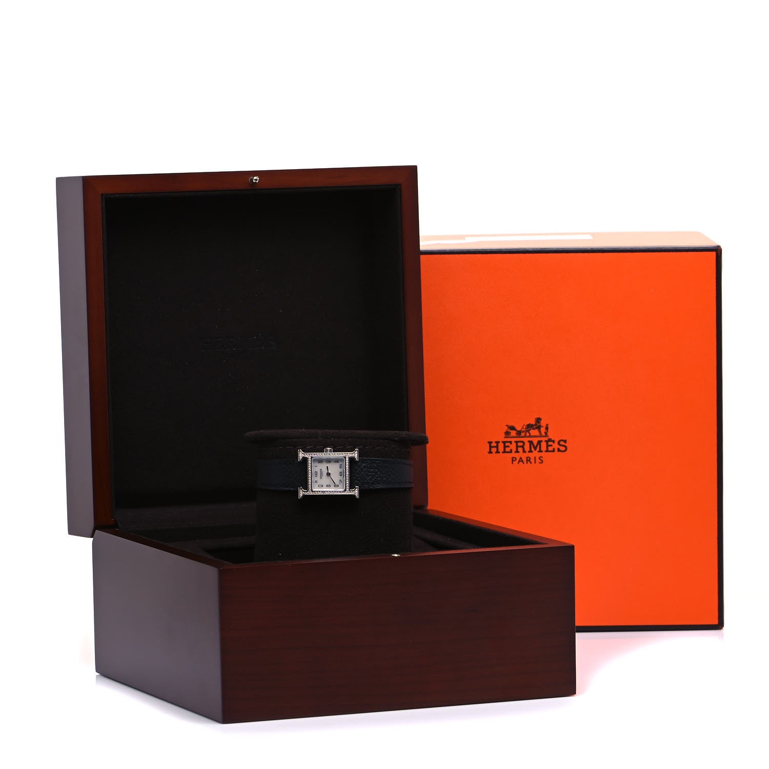 Hermes Stainless Steel Epsom Diamond Bezel Mother of Pearl 17.2mm Heure H Hour Quartz Watch Noir 5 of 5