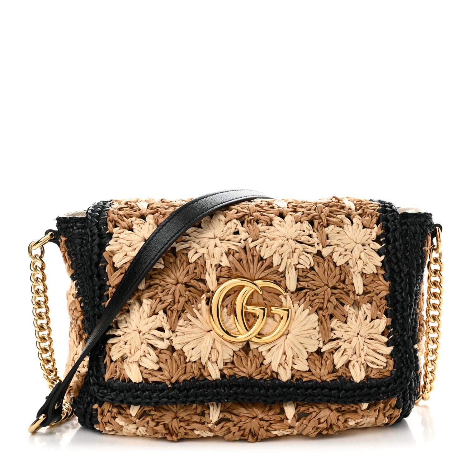 Gucci Raffia Azalea Calfskin Crochet Flower Small GG Marmont Shoulder Bag Natural Ecru Black 1 of 12