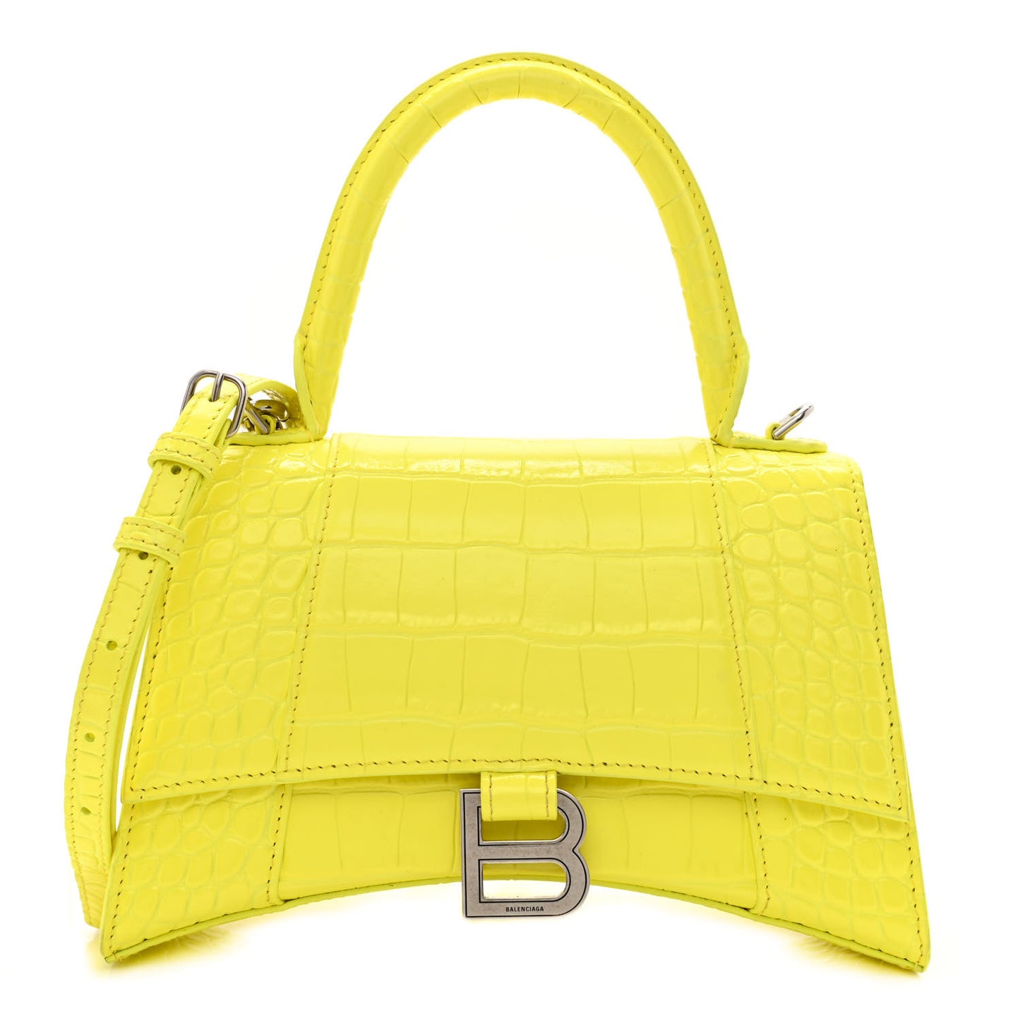 Shiny Calfskin Crocodile Embossed Small Hourglass Top Handle Bag Light Yellow