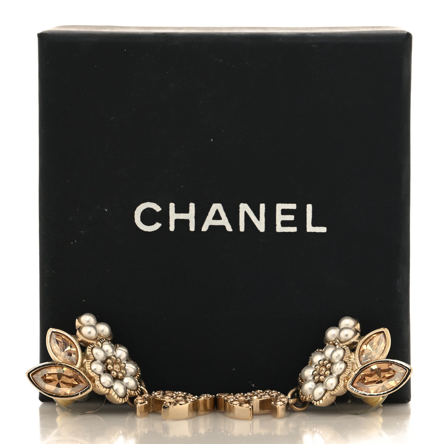 Pearl Crystal CC Flower Drop Earrings Gold Light Brown Pearly White