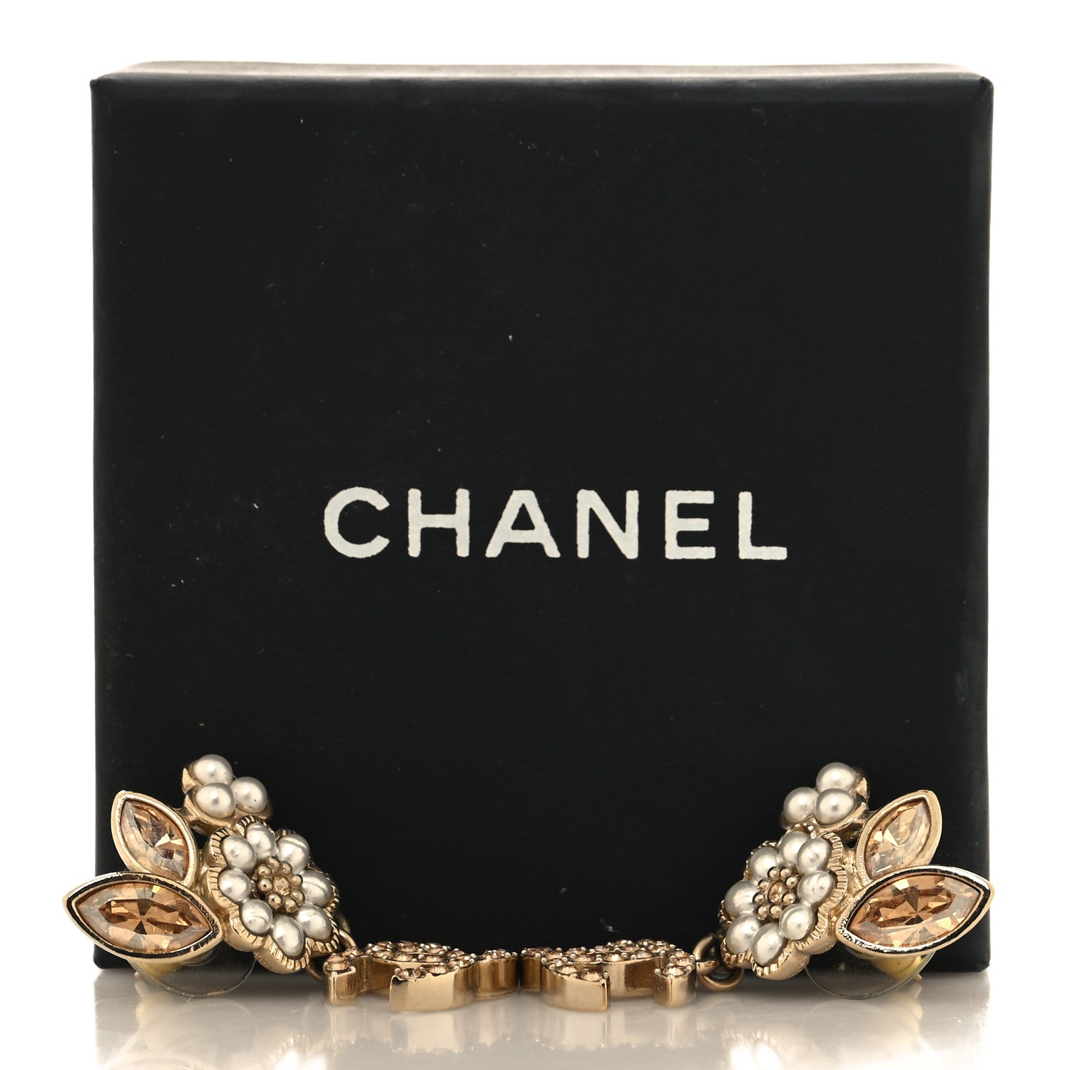 Chanel Pearl Crystal CC Flower Drop Earrings Gold Light Brown Pearly White 5 of 5