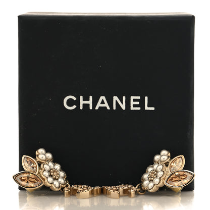 Chanel Pearl Crystal CC Flower Drop Earrings Gold Light Brown Pearly White 5 of 5