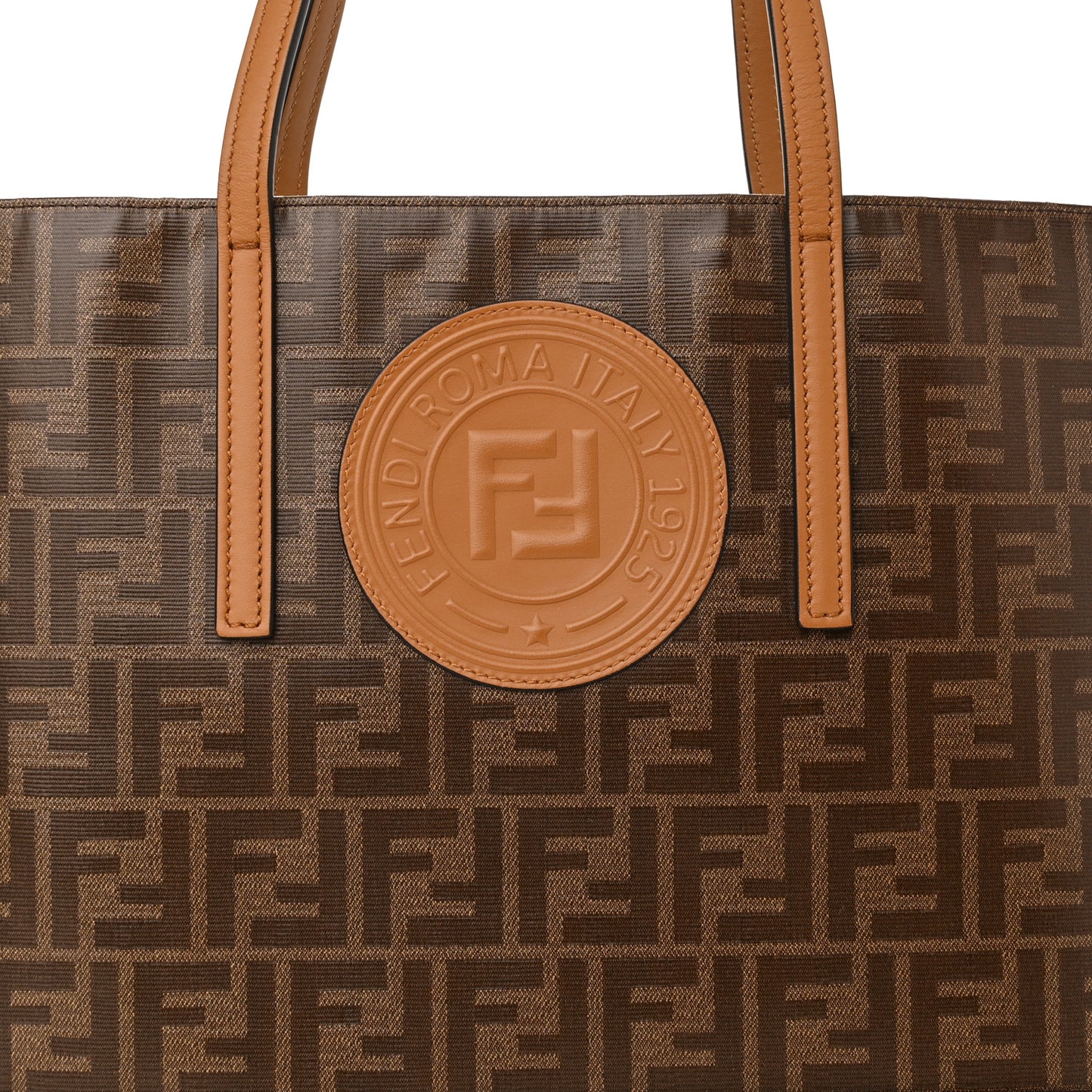 Glazed Fabric Vitello Century FF 1974 Stamp Patch Shopping Tote Mogano Panna Caramello