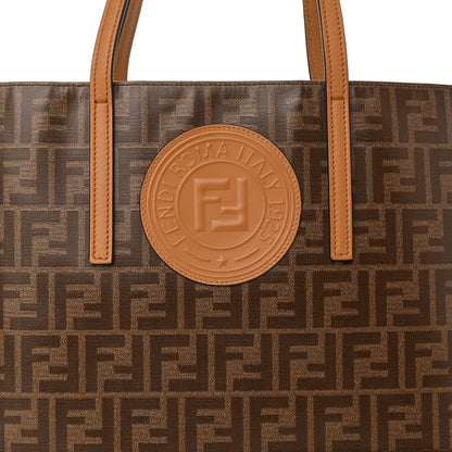 Fendi Glazed Fabric Vitello Century FF 1974 Stamp Patch Shopping Tote Mogano Panna Caramello 8 of 10
