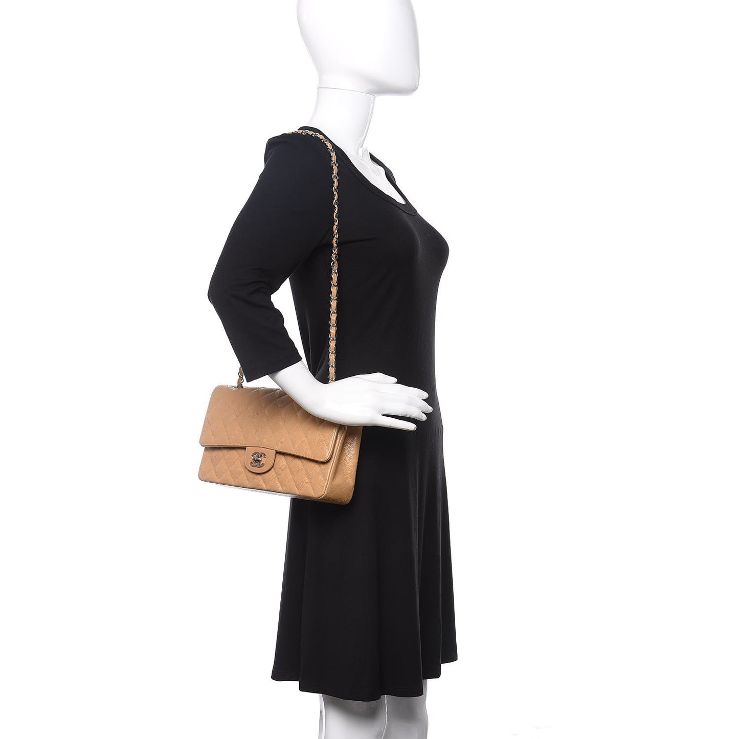 Caviar Quilted Medium Double Flap Beige