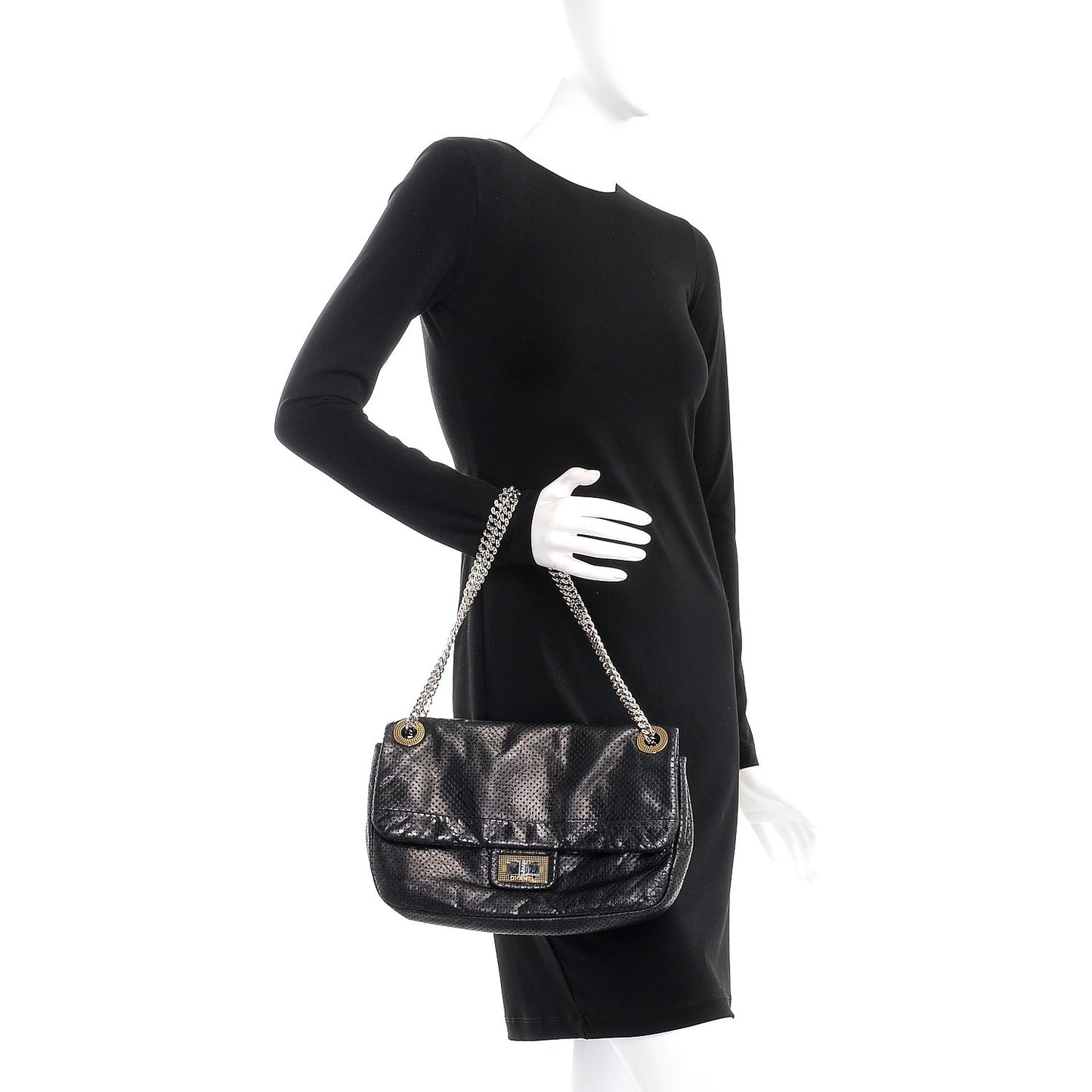 Metallic Crackled Calfskin Large Perforated Drill Flap Black