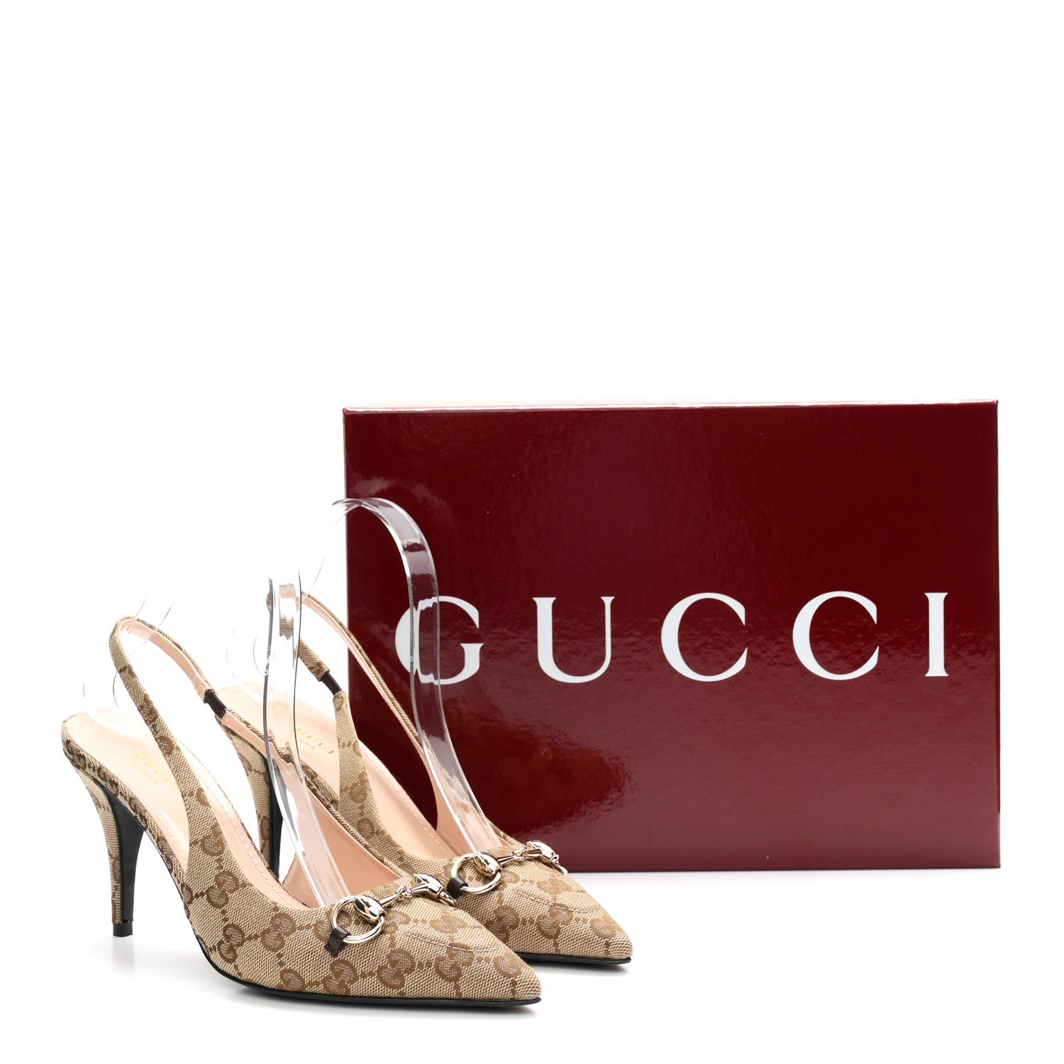 Gucci Canvas GG Monogram Horsebit Slingback Pumps 37.5 Beige Ebony Cocoa 11 of 11
