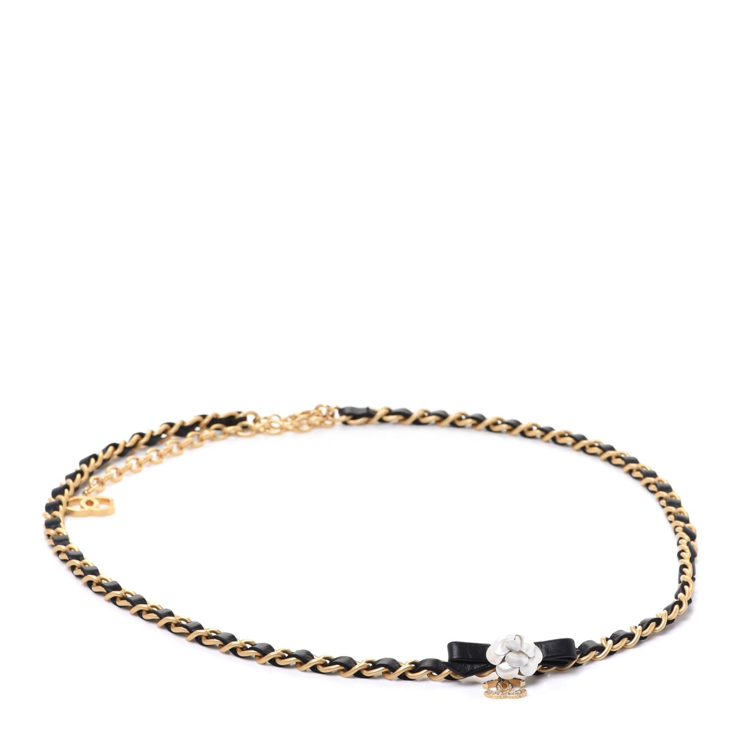 Calfskin Crystal Chain Camellia Belt 80 Black Gold