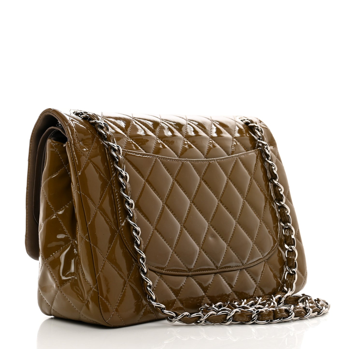 Patent Calfskin Quilted Jumbo Double Flap Brown