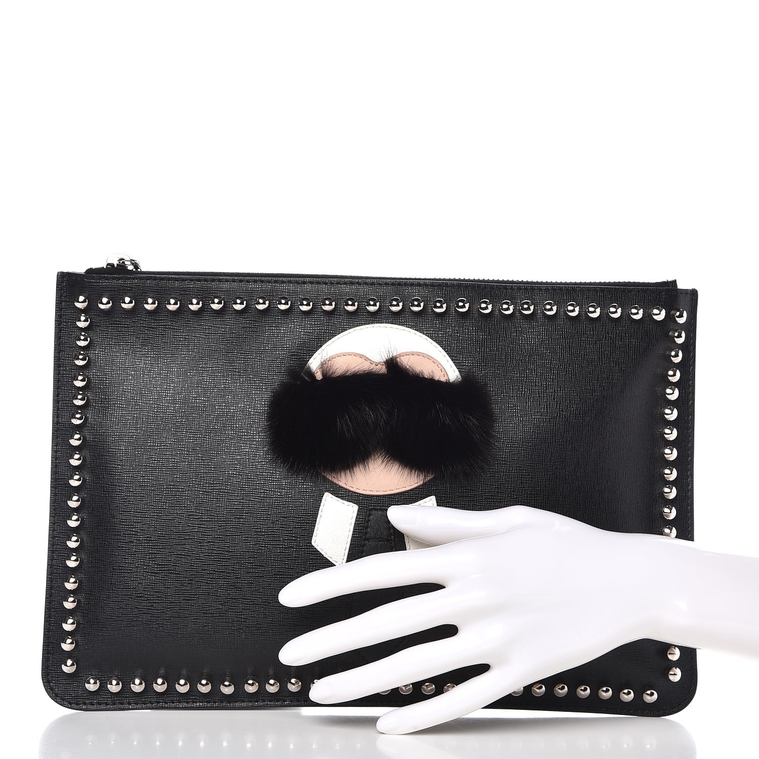 Fendi Vitello Elite Flamingo Mink Karlito Studded Pouch Black White Plaster 2 of 7