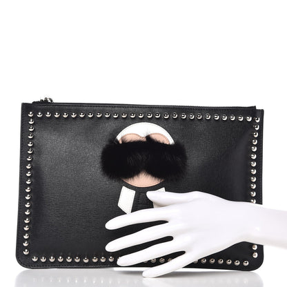 Fendi Vitello Elite Flamingo Mink Karlito Studded Pouch Black White Plaster 2 of 7