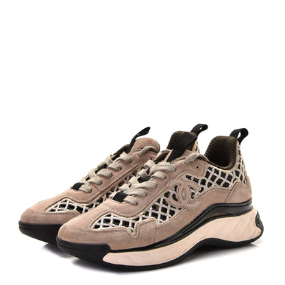 Chanel Suede Calfskin Embroidered CC Sneakers 36.5 Beige Black 2 of 13