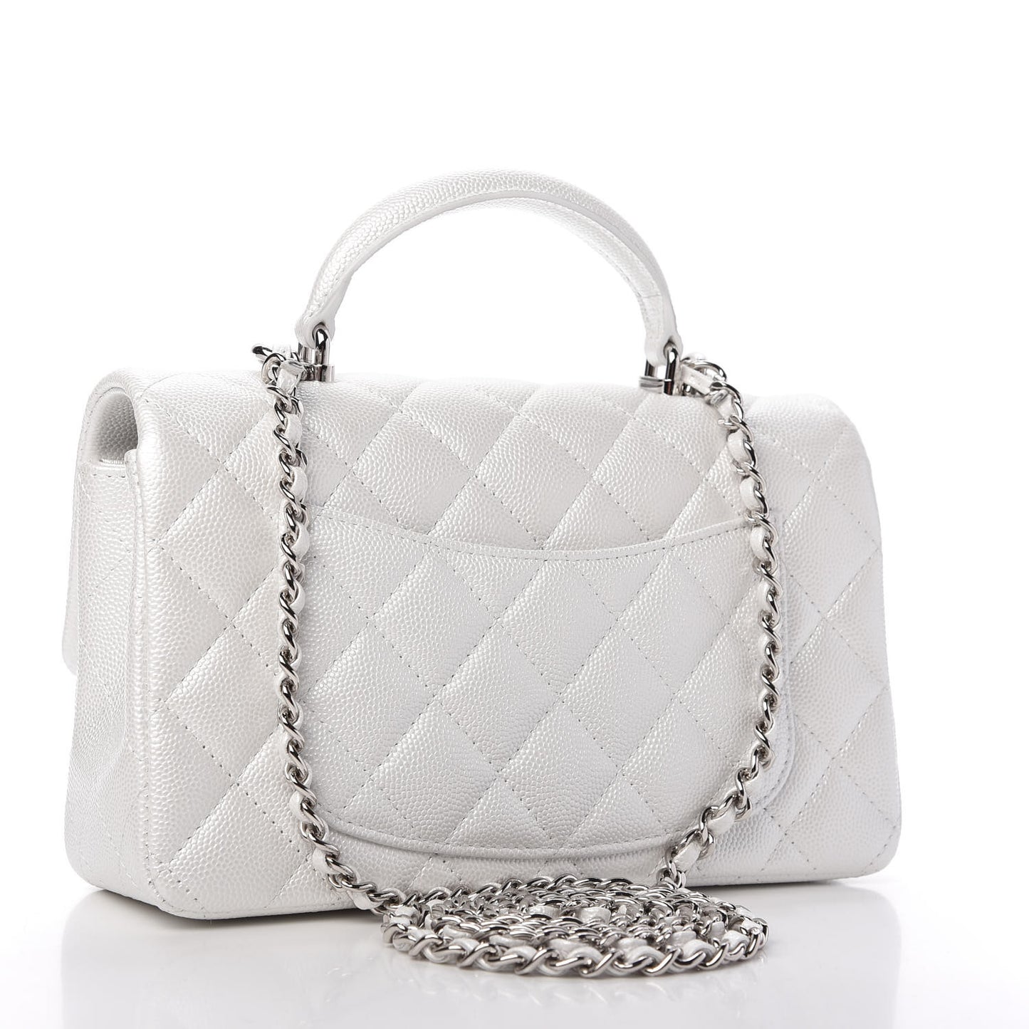 Iridescent Caviar Quilted Mini Top Handle Rectangular Flap White