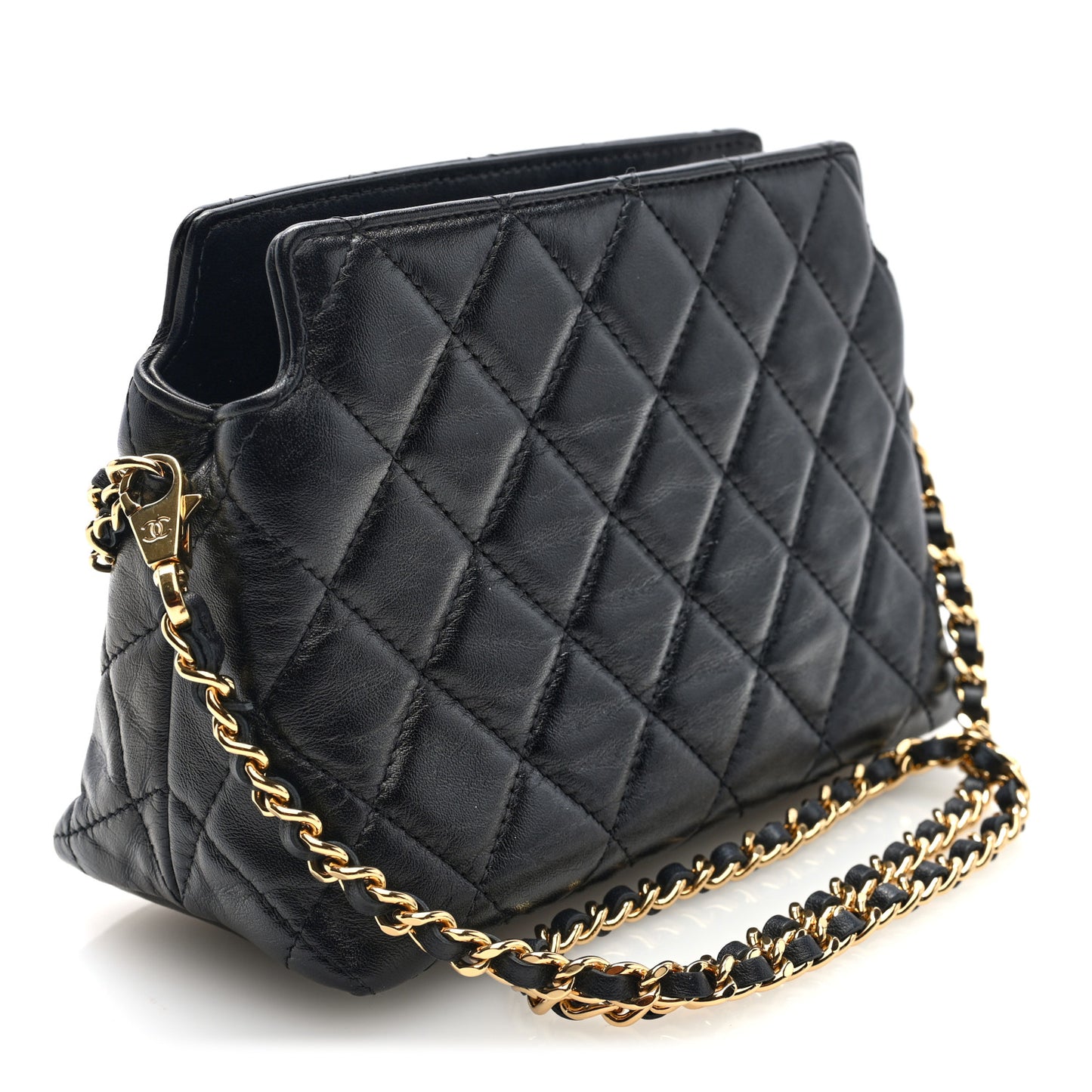 Shiny Crumpled Calfskin Quilted Clutch With Chain Black