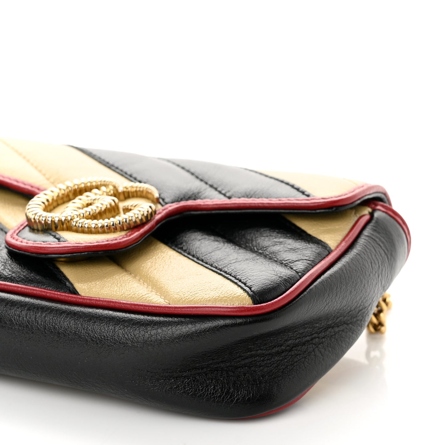 Vintage Effect Calfskin Matelasse Diagonal Striped Super Mini Torchon GG Marmont Shoulder Bag Black Beige