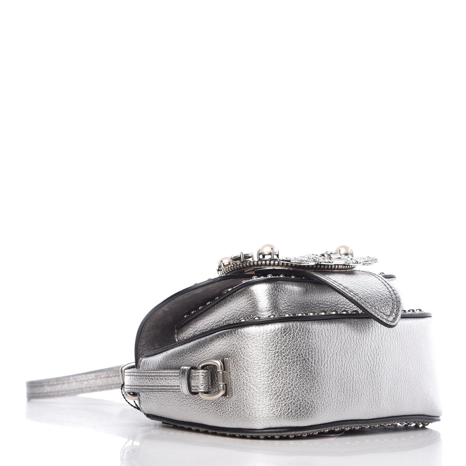 Miu Miu Goatskin Madras Soft Calf Crystal Embellished Dahlia Shoulder Bag Chrome 10 of 13