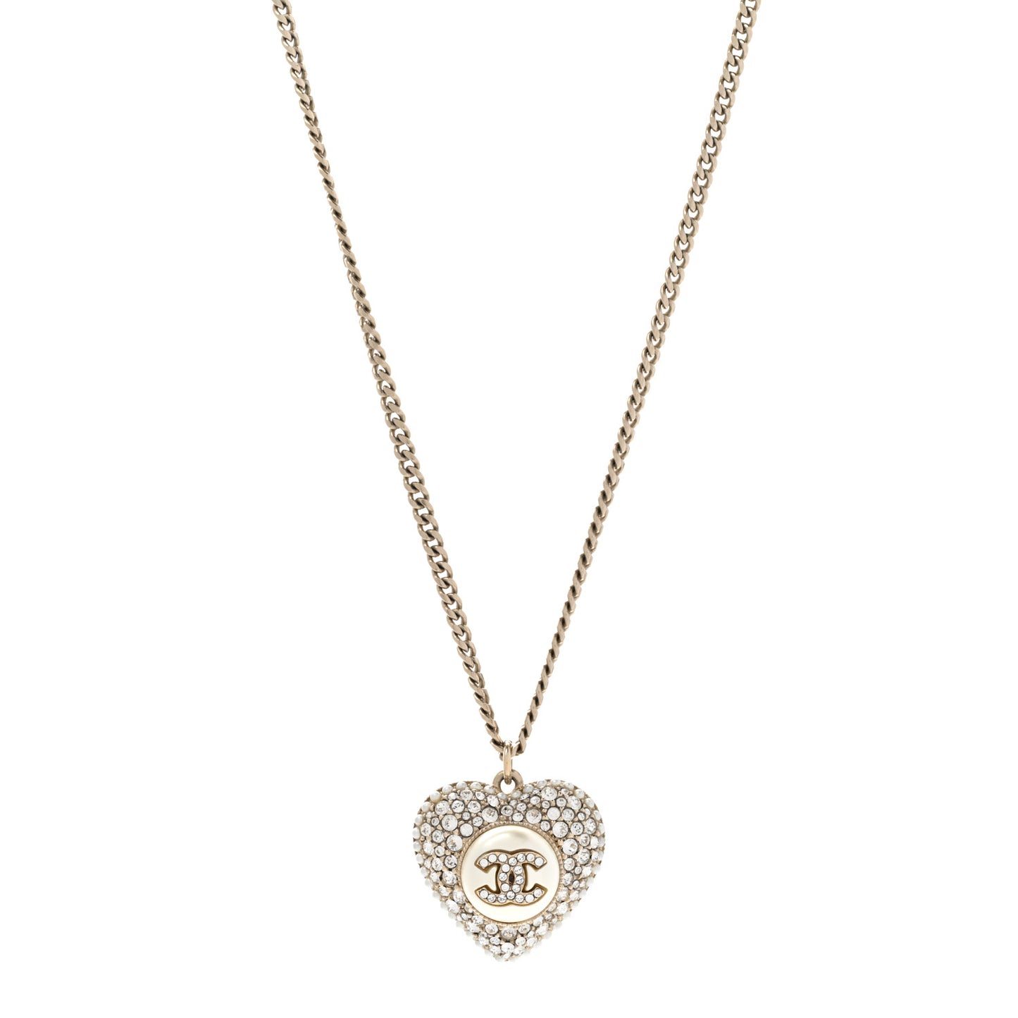 Pearl Crystal CC Heart Necklace Gold Pearly White