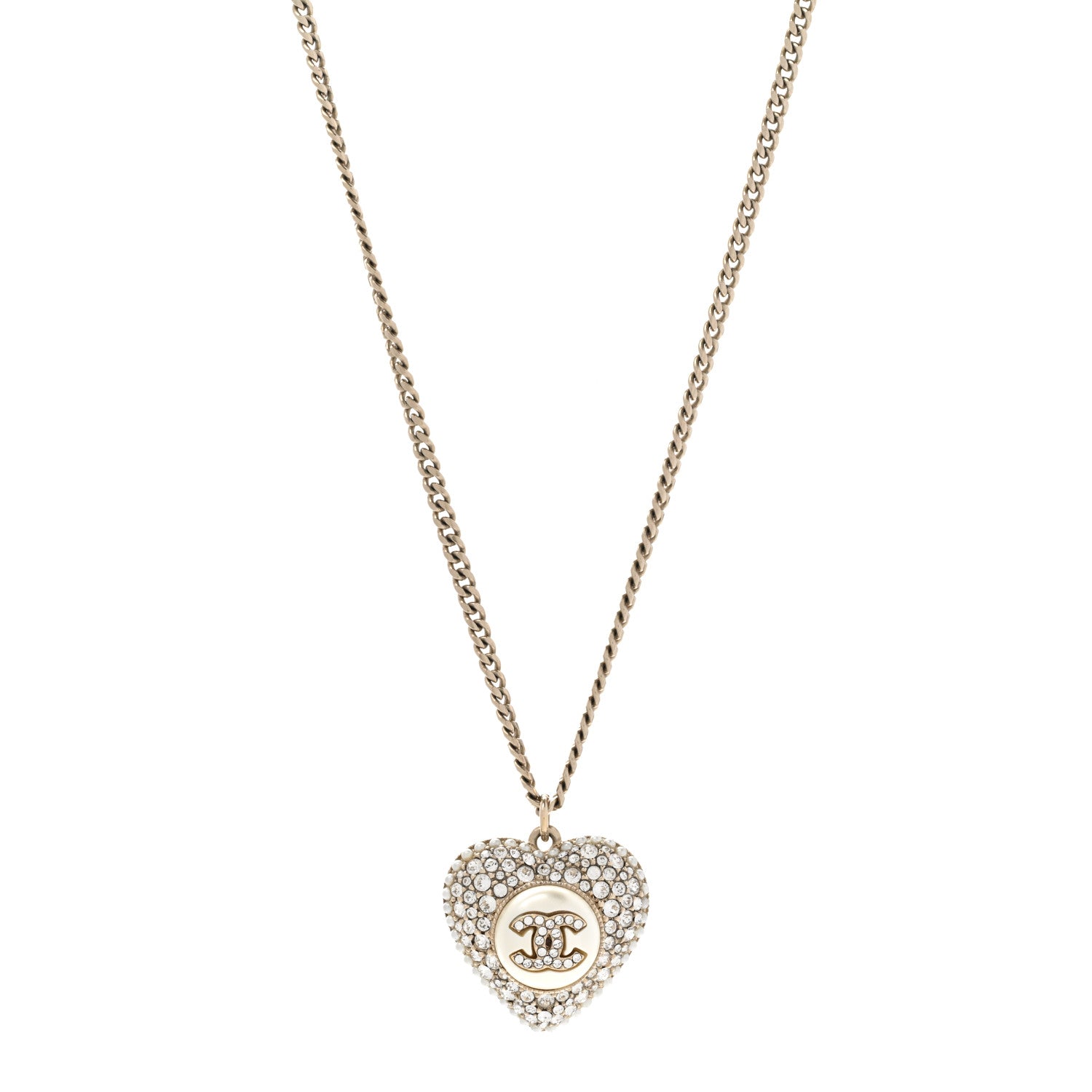 Chanel Pearl Crystal CC Heart Necklace Gold Pearly White 1 of 7