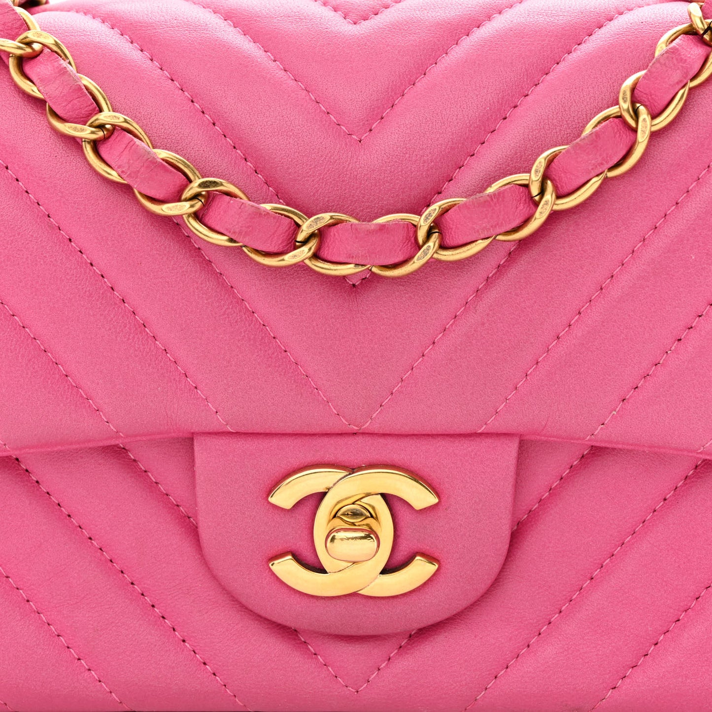 Lambskin Chevron Quilted Mini Rectangular Flap Dark Pink