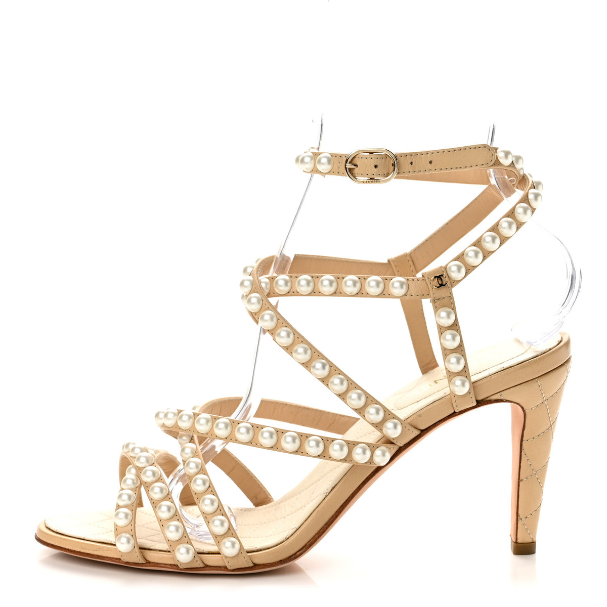 Chanel Goatskin Quilted Pearl Sandals 38.5 Beige 1 of 9