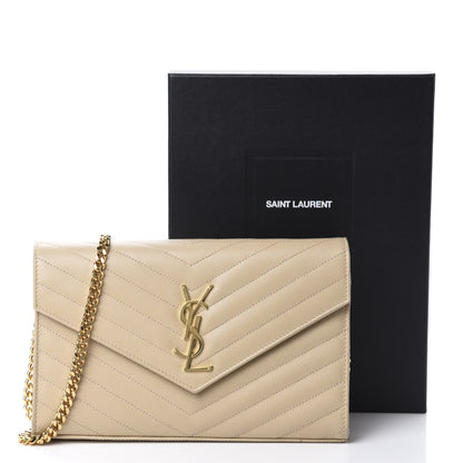 Saint Laurent Grain De Poudre Matelasse Chevron Monogram Chain Wallet Sea Salt 10 of 10