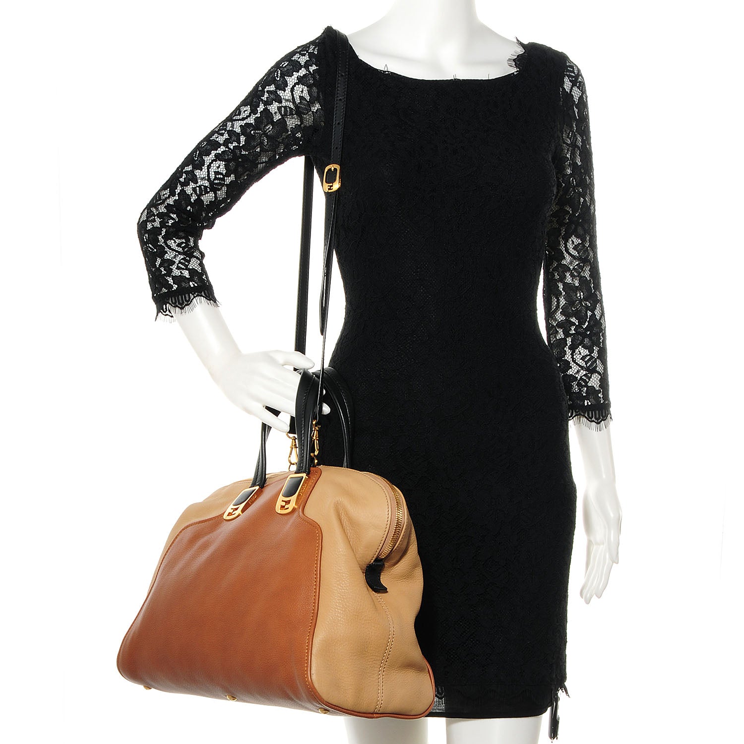Fendi Calfskin Large Chameleon Tote Cognac Camel Black 2 of 9
