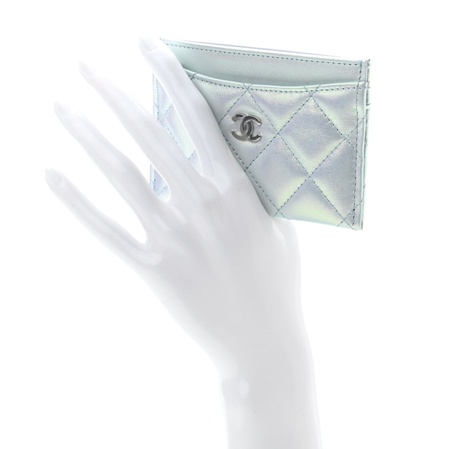 Iridescent Calfskin Quilted Card Holder Light Blue