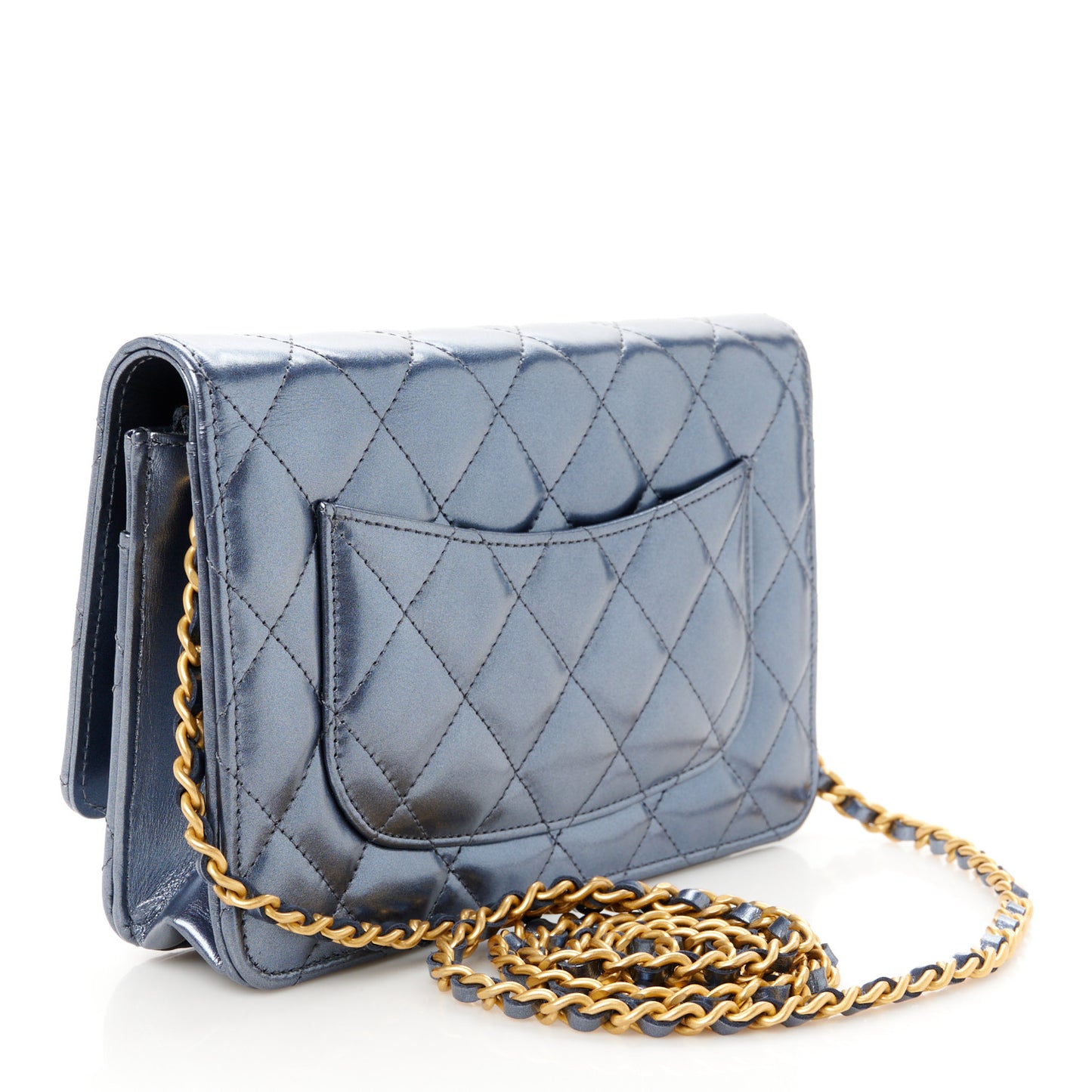 Metallic Lambskin Wallet On Chain WOC Dark Blue