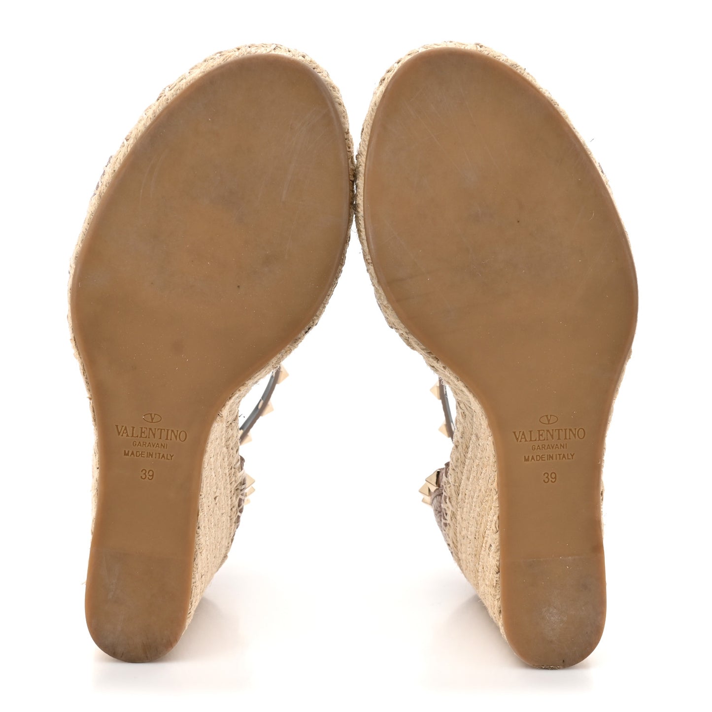 Grained Calfskin Rockstud Ankle Strap Espadrille 15/105mm Wedge Sandals 39 Rose Quartz Natural