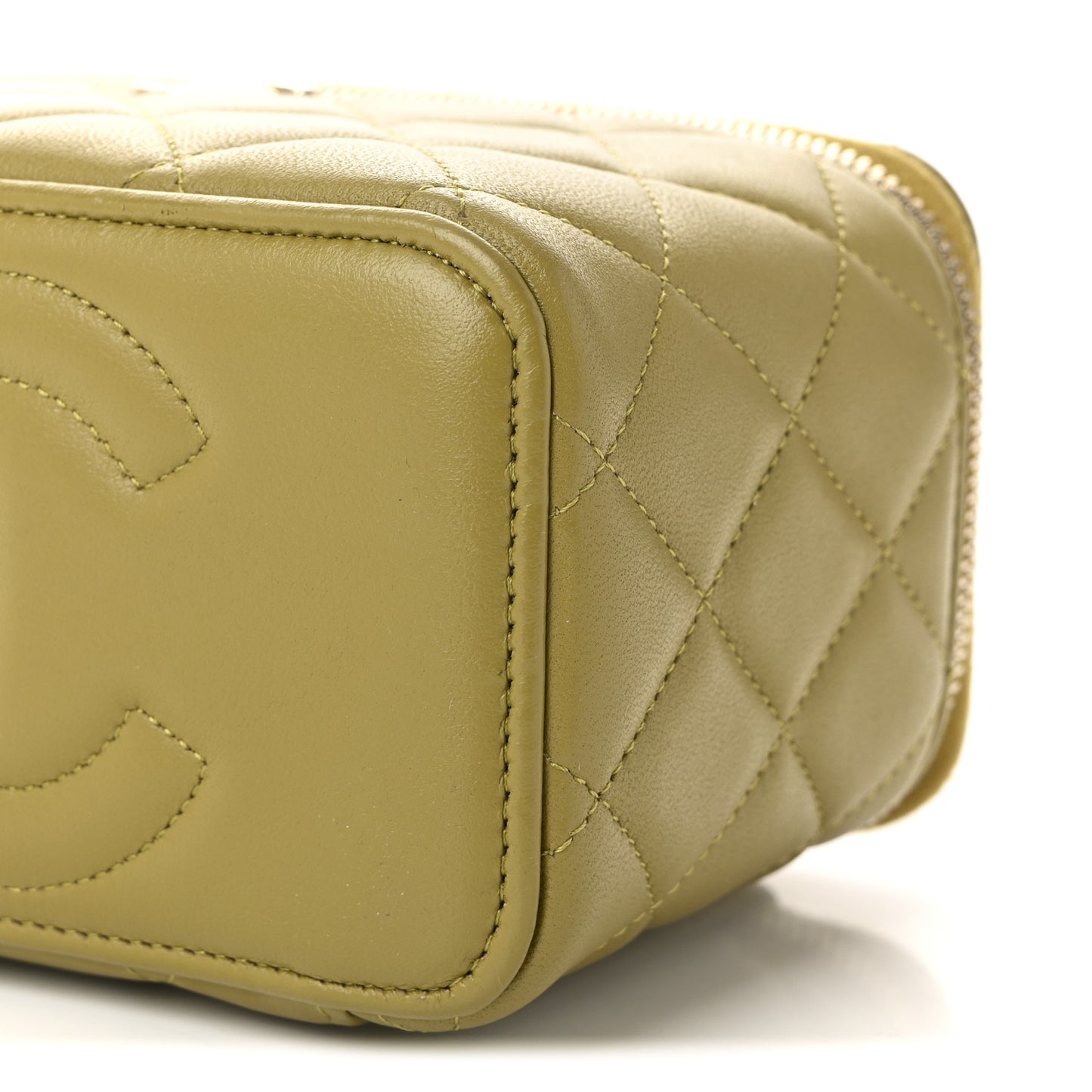 Lambskin Quilted Small Top Handle Vanity Case With Chain Green Brown