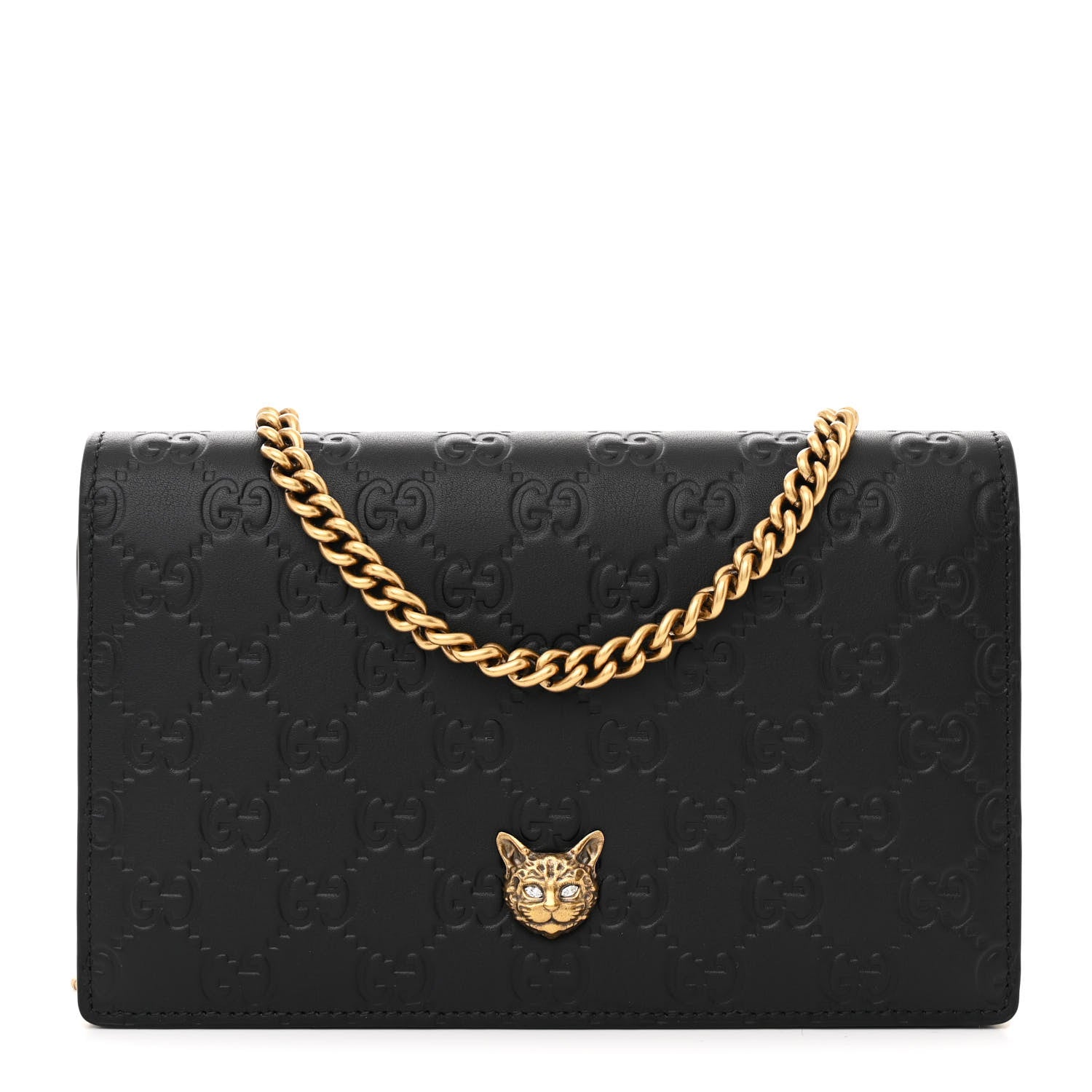Gucci Guccissima Signature Crystal Cat Chain Wallet Black 1 of 10