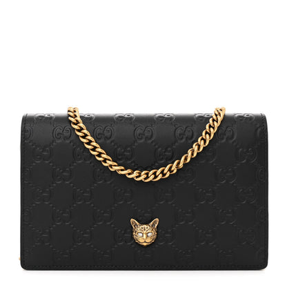 Gucci Guccissima Signature Crystal Cat Chain Wallet Black 1 of 10