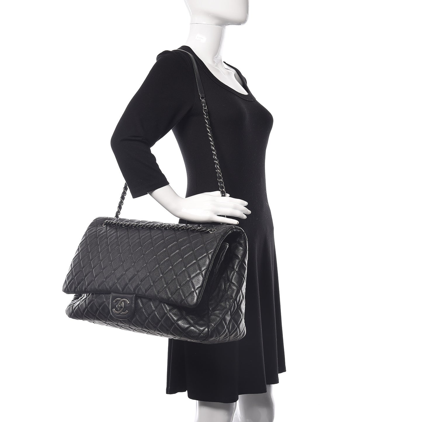 Calfskin Quilted XXL Travel Flap Bag Black
