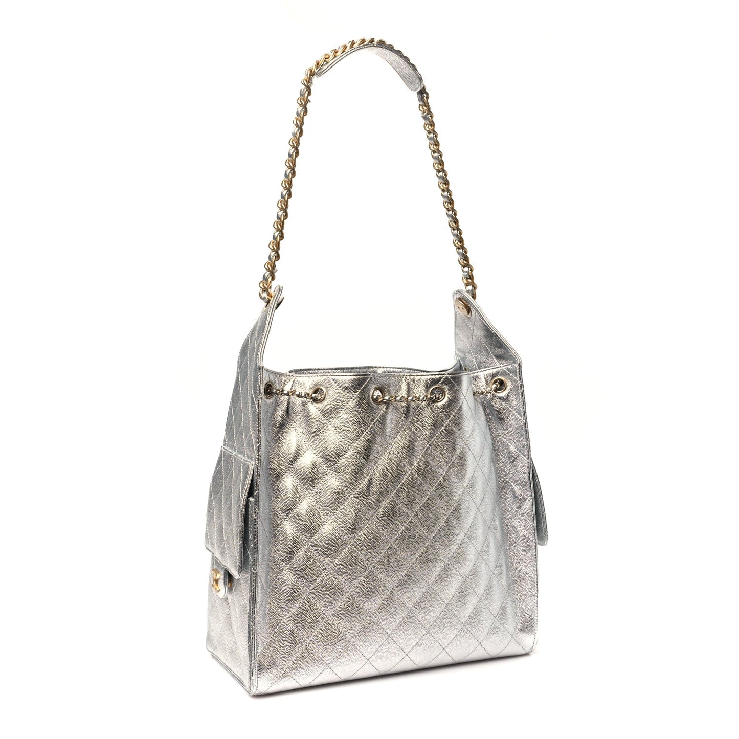 Metallic Caviar Quilted Medium Chanel 25 Handbag Silver