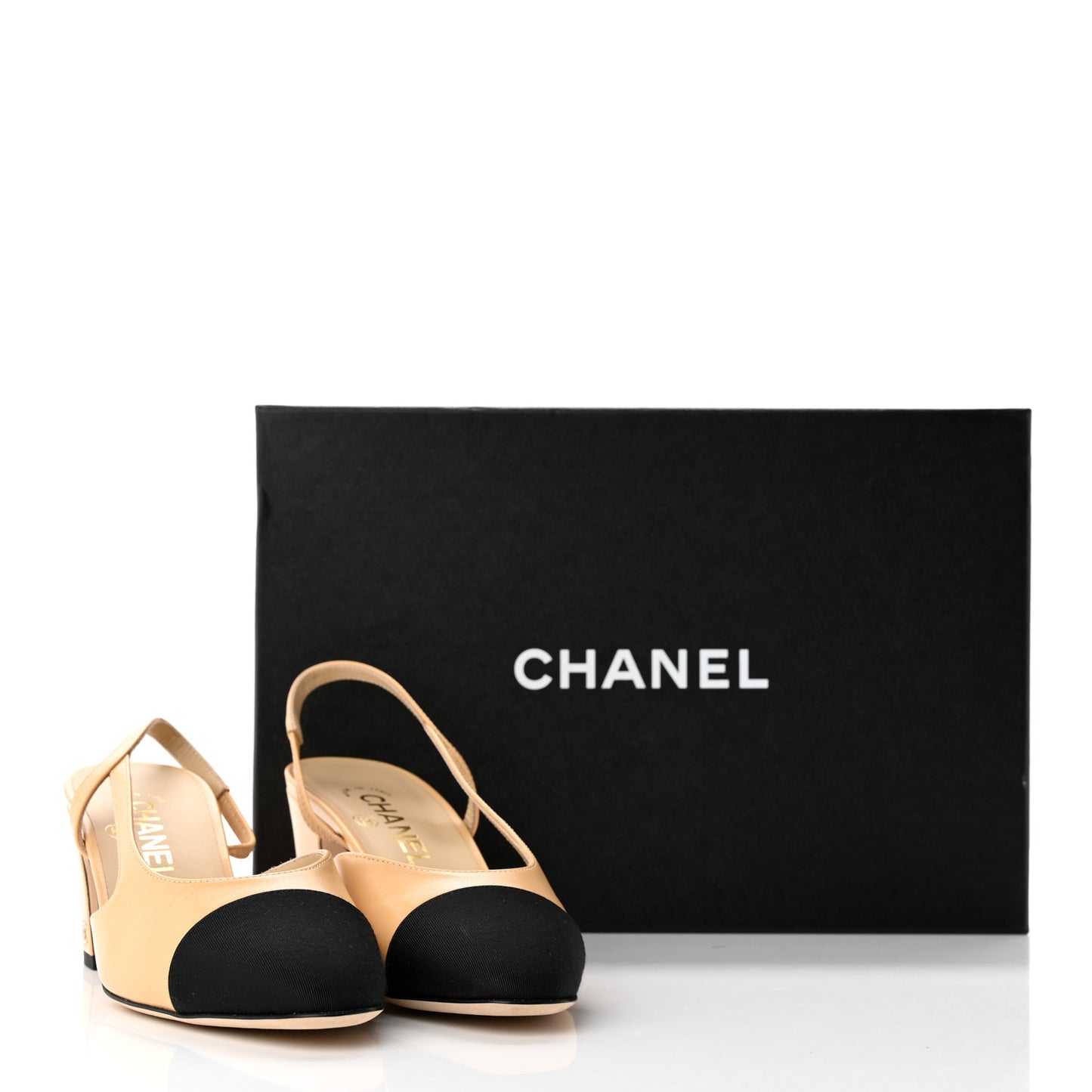 Goatskin Grosgrain Cap Toe CC Slingback Pumps 37.5 Beige Black
