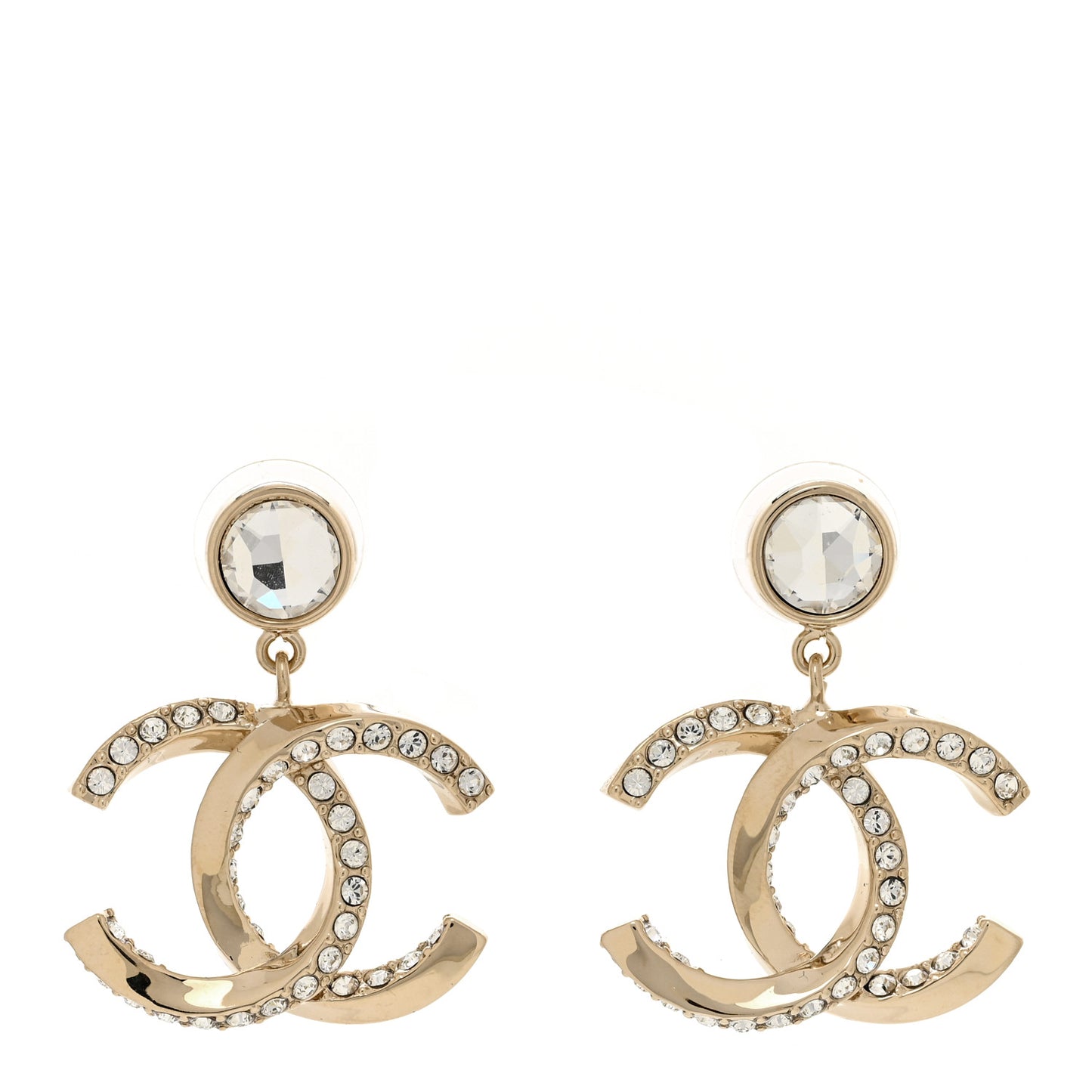 Metal Crystal CC Drop Earrings Gold