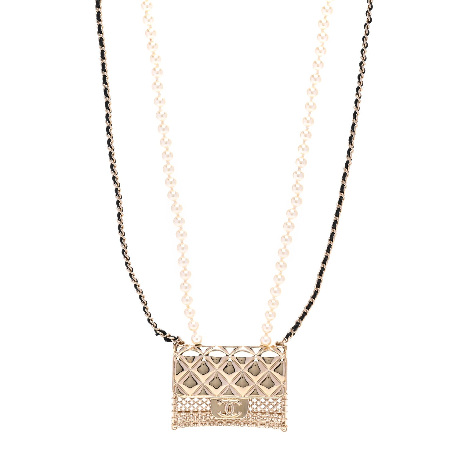 Chanel Metal Lambskin Pearl Chain Flap Bag Long Necklace Gold Black Pearly White 1 of 5