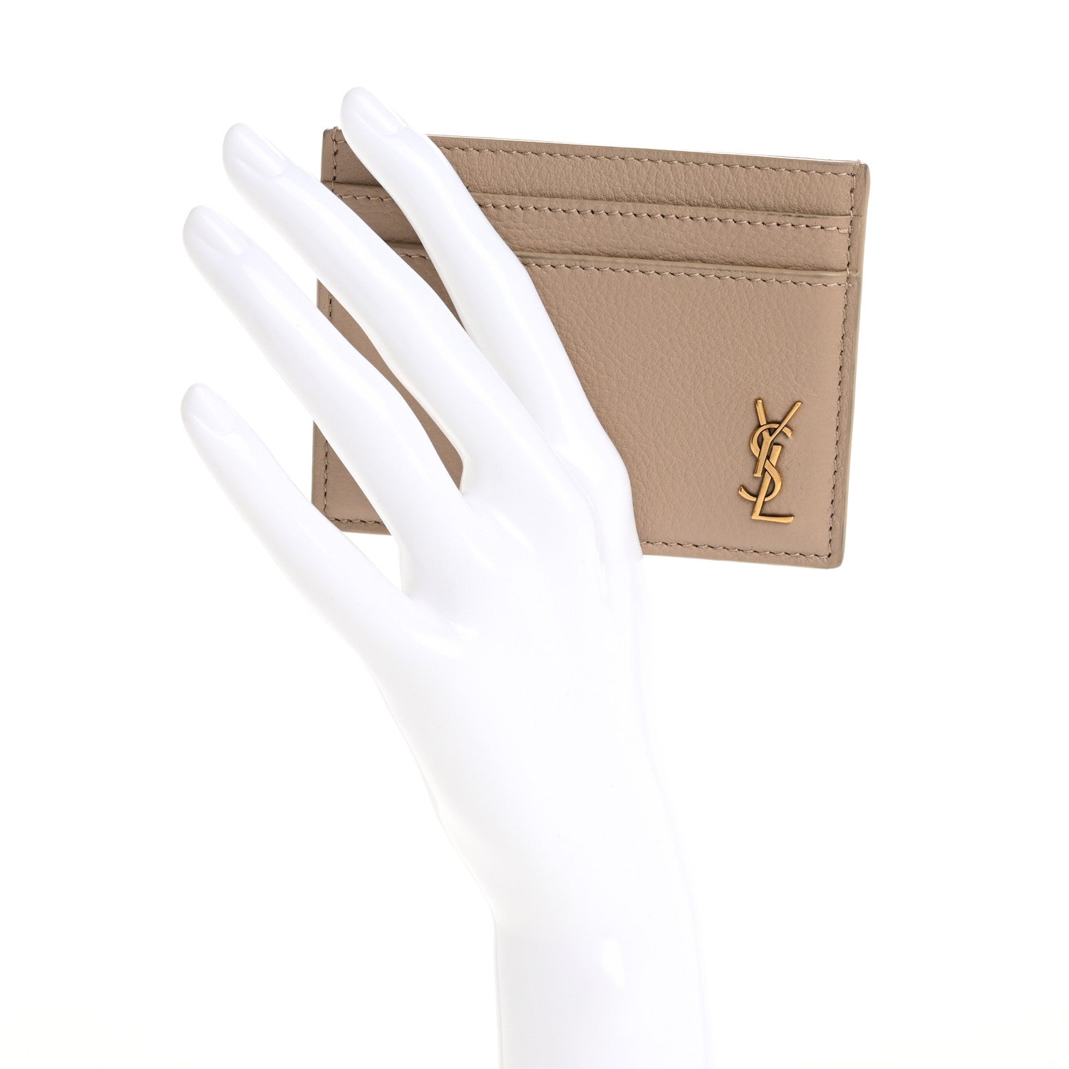 Saint Laurent Calfskin Tiny Cassandre Credit Card Case Dark Beige 2 of 12