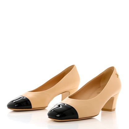 Chanel Lambskin Patent Cap Toe CC Pumps 38 Beige Black 3 of 11