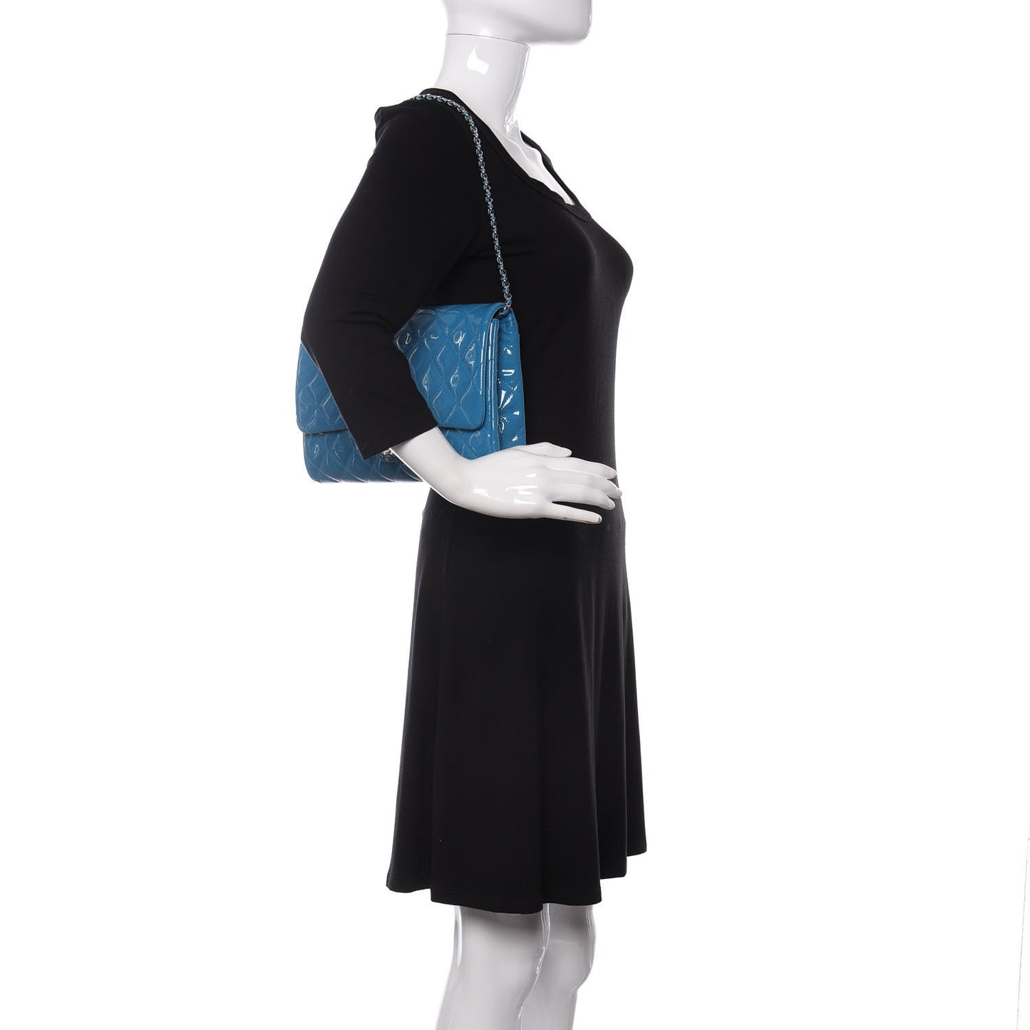 Patent Quilted Clutch with Chain Flap Blue