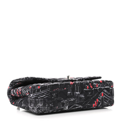 Chanel Fabric Printed Paris Rooftops Quilted Medium Double Flap Black Red White 4 of 9