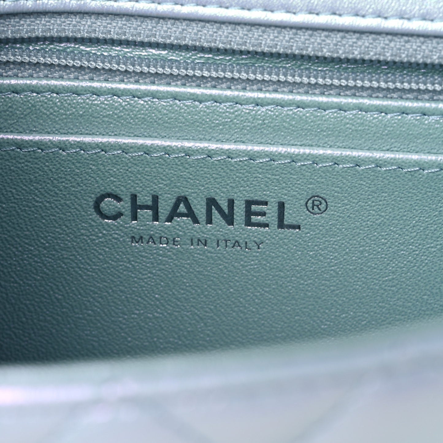 Iridescent Calfskin Quilted Mini Rectangular Flap Light Blue