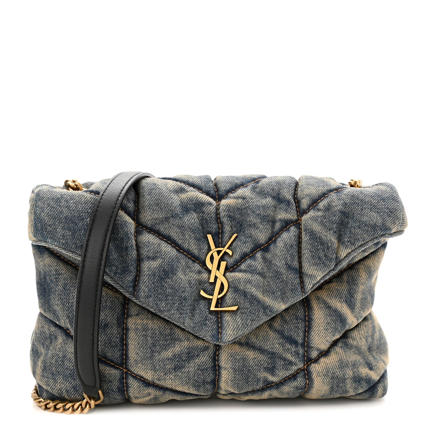 Denim Quilted Toy Loulou Puffer Monogram Chain Satchel Blue Black