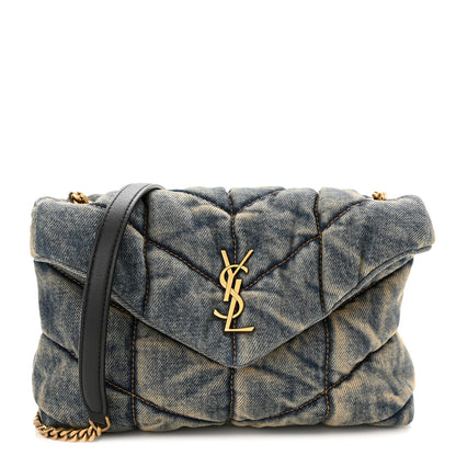 Saint Laurent Denim Quilted Toy Loulou Puffer Monogram Chain Satchel Blue Black 1 of 9