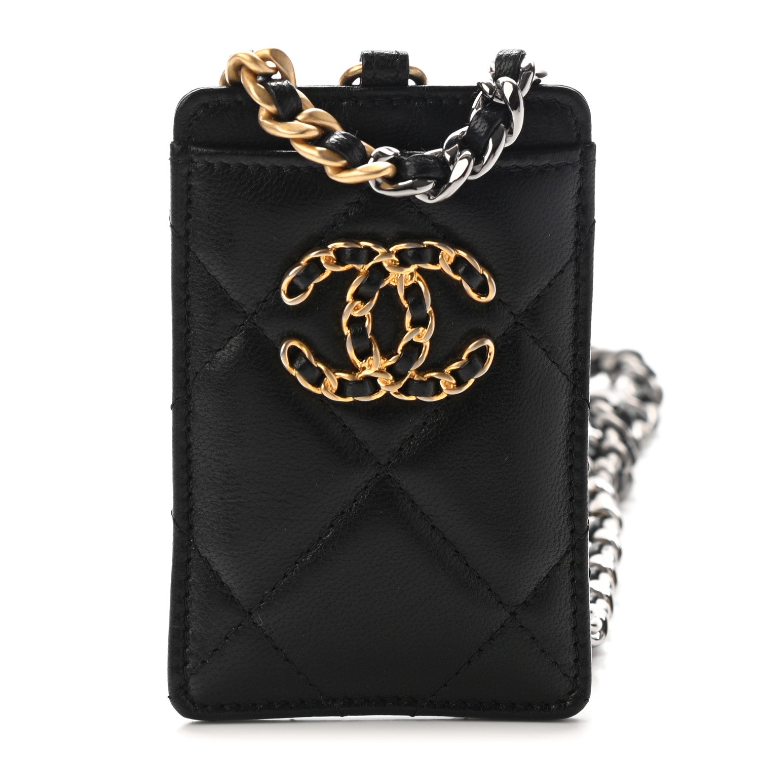 Chanel Shiny Goatskin Quilted Chanel 19 Card Holder On Chain Black 1 of 9